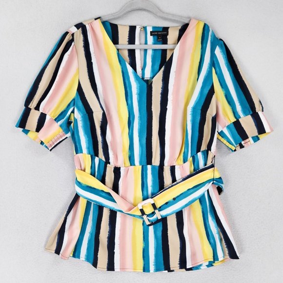 Lane Bryant Shirt Women 14 Pink Blue Colorful Striped Belted Satin Blouse Career - Picture 1 of 11
